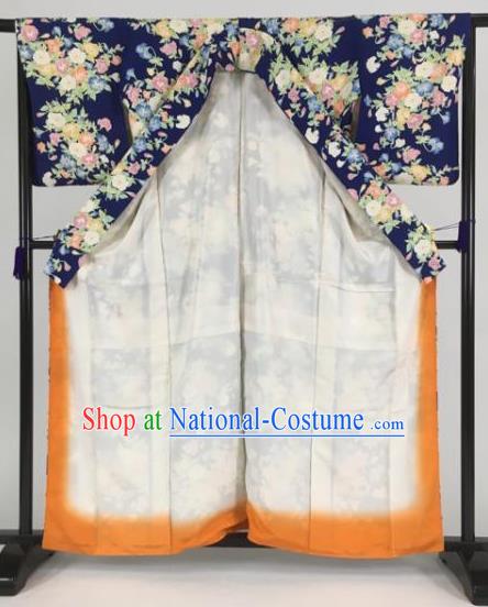 Japan Traditional Kimono Printing Blue Furisode Kimono Ancient Yukata Dress Formal Costume for Women