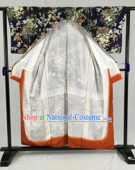 Japan Traditional Formal Costume Printing Flowers Furisode Kimonos Ancient Palace Yukata Dress for Women