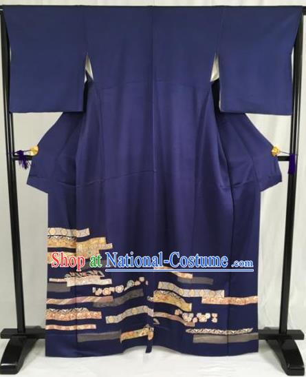 Japanese Traditional Navy Kimono Ancient Yukata Robe Wafuku Hakama Haori Clothing for Men