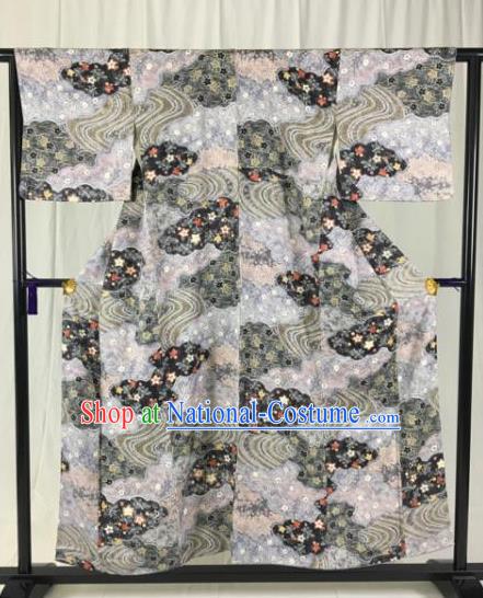 Japan Traditional Formal Costume Grey Furisode Kimonos Ancient Palace Yukata Dress for Women