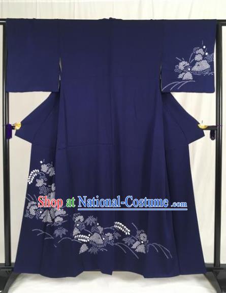 Japanese Traditional Navy Kimono Ancient Samurai Yukata Robe Wafuku Hakama Haori Clothing for Men