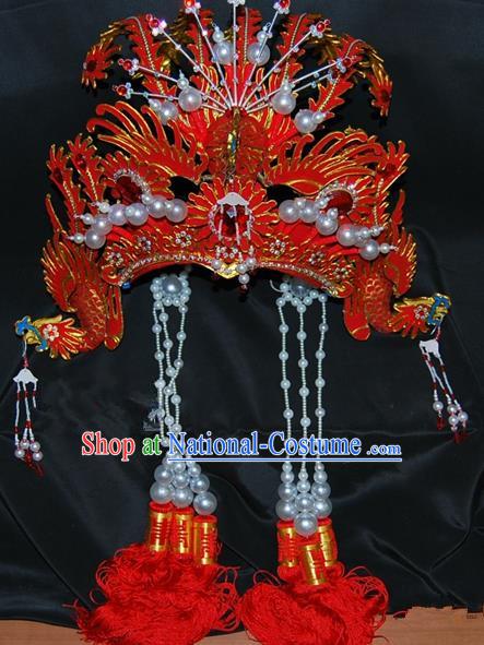 China Traditional Beijing Opera Actress Hair Accessories Chinese Peking Opera Huadan Red Phoenix Coronet for Women