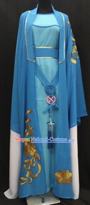 China Traditional Beijing Opera Young Men Embroidered Costume Chinese Peking Opera Niche Blue Robe for Adults