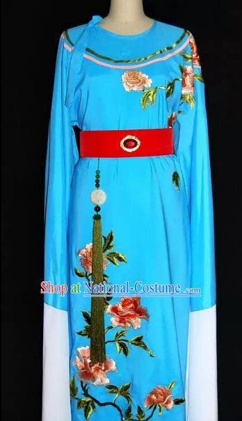 China Traditional Beijing Opera Young Men Embroidered Peony Costume Chinese Peking Opera Niche Blue Robe for Adults