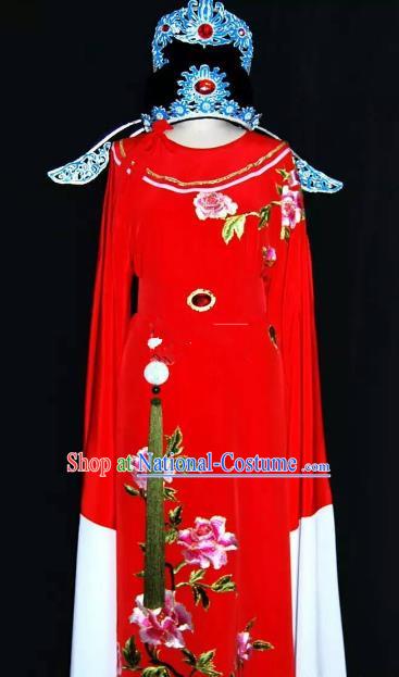 China Traditional Beijing Opera Young Men Embroidered Peony Costume Chinese Peking Opera Niche Red Robe for Adults