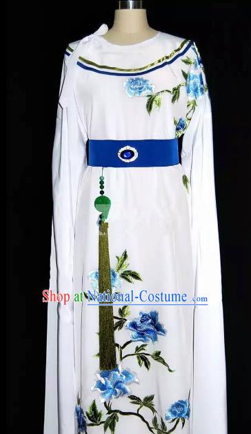 China Traditional Beijing Opera Young Men Embroidered Peony Costume Chinese Peking Opera Niche White Robe for Adults