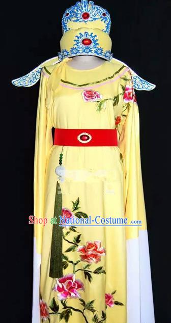 China Traditional Beijing Opera Young Men Embroidered Peony Costume Chinese Peking Opera Niche Yellow Robe for Adults