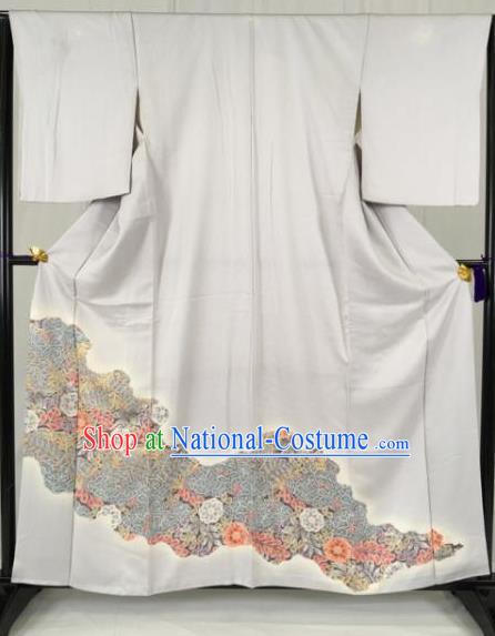 Asian Japan Palace Printing White Kimono Formal Costume Furisode Kimonos Ancient Yukata Dress for Women