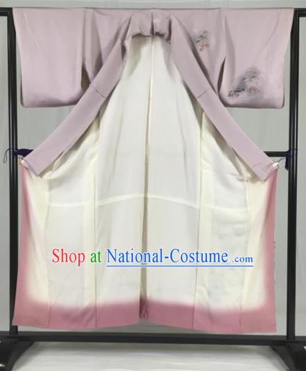 Asian Japan Palace Printing Lilac Kimono Ancient Yukata Dress Formal Costume Furisode Kimonos for Women