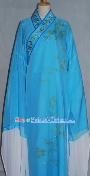 China Beijing Opera Lang Scholar Blue Embroidered Chrysanthemum Robe Chinese Traditional Peking Opera Niche Costume for Adults