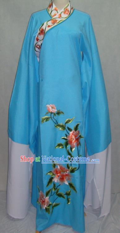 China Beijing Opera Lang Scholar Niche Costume Blue Embroidered Peony Robe for Adults