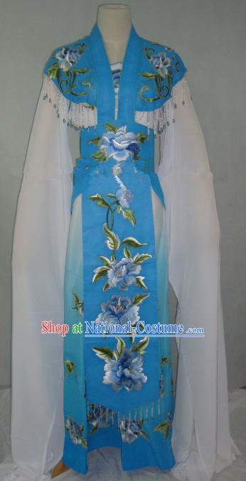 Traditional China Beijing Opera Embroidered Peony Blue Dress Chinese Peking Opera Diva Costume