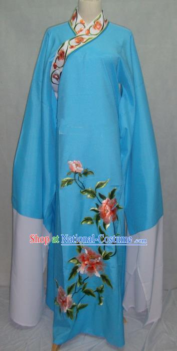 Traditional Chinese Beijing Opera Niche Scholar Embroidery Peony Costume Beijing Opera Blue Robe for Adults