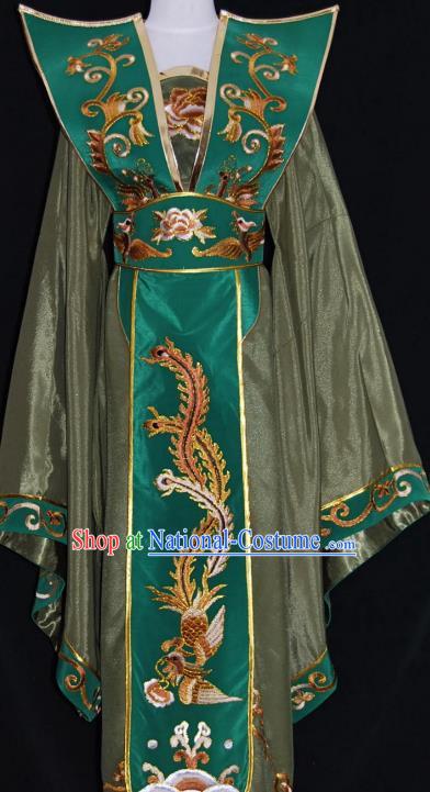 Traditional Chinese Beijing Opera Queen Olive Green Dress Peking Opera Diva Embroidered Costume