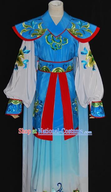 Traditional Chinese Beijing Opera Female Warrior Blue Dress Peking Opera Blues Embroidered Costume