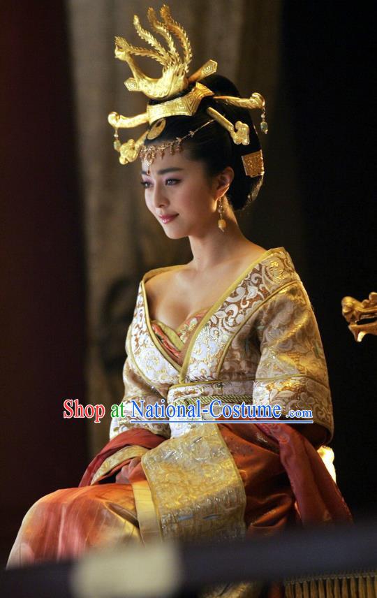 Ancient Chinese Tang Dynasty Imperial Concubine Yang Embroidered Replica Costume and Headpiece Complete Set for Women