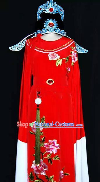 Top Grade Chinese Beijing Opera Embroidered Red Robe Peking Opera Niche Costume and Hat for Adults