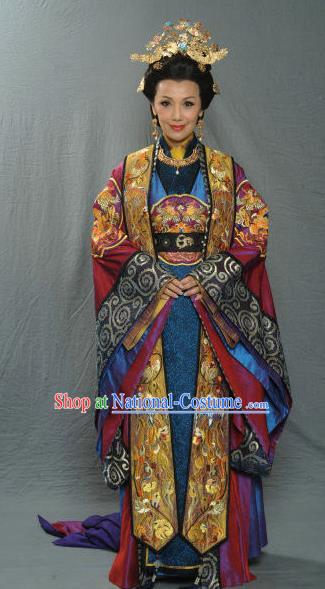 Chinese Ancient Song Dynasty Empress Dowager Embroidered Historical Costume and Headpiece Complete Set for Women