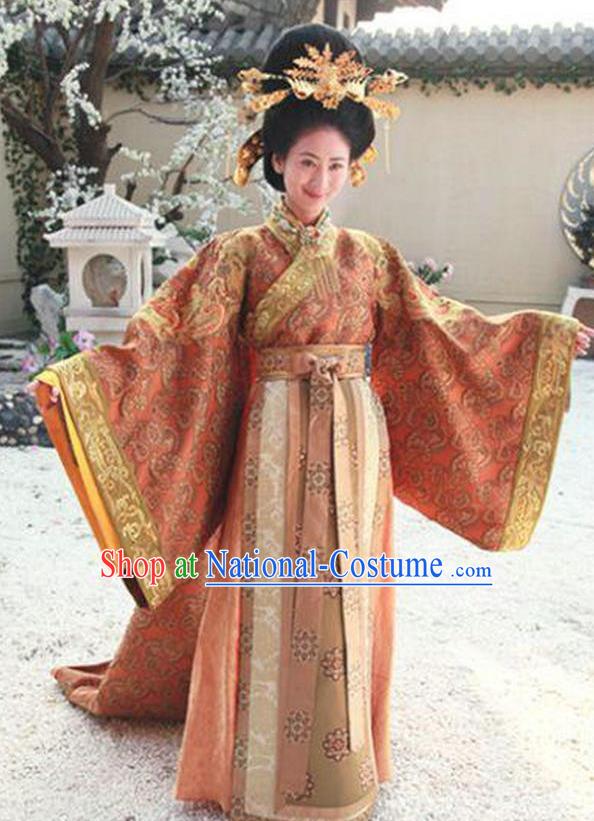 Chinese Ancient Tang Dynasty Empress Zhangsun of Li Shimin Hanfu Dress Historical Costume and Headpiece Complete Set for Women