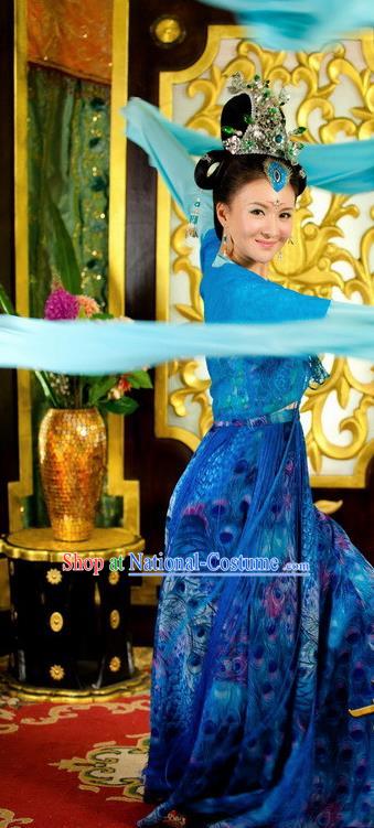 Chinese Ancient Tang Dynasty Palace Dance Blue Dress Courtesan Historical Costume for Women