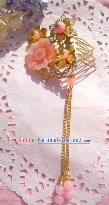 Chinese Ancient Princess Hair Accessories Pink Flowers Tassel Hair Comb Hairpins for Women