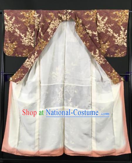 Japan Traditional Kimonos Brown Furisode Kimono Ancient Yukata Dress Formal Costume for Women