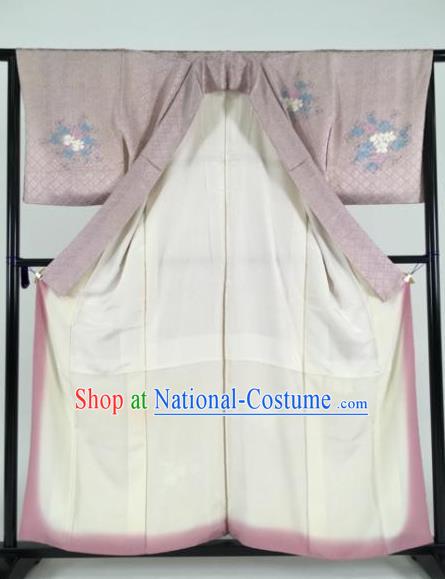 Japan Traditional Kimonos Painting Lilac Furisode Kimono Ancient Yukata Dress Formal Costume for Women