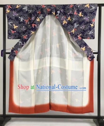 Japan Traditional Kimono Furisode Kimono Ancient Navy Yukata Dress Formal Costume for Women