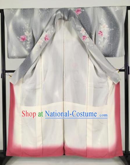 Japan Traditional Grey Silk Kimono Furisode Kimono Ancient Yukata Dress Formal Costume for Women