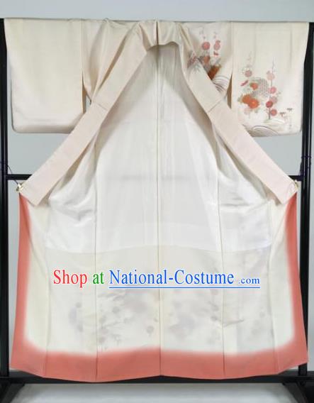 Japan Traditional Kimonos White Silk Palace Furisode Kimono Ancient Yukata Dress Formal Costume for Women