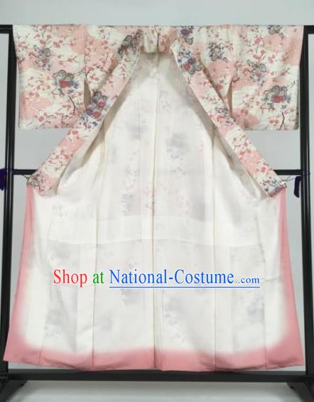 Japan Traditional Kimonos Printing Flowers Pink Palace Furisode Kimono Ancient Yukata Dress Formal Costume for Women