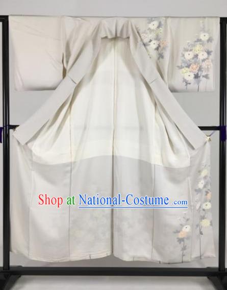 Japan Traditional Kimonos Palace Furisode Kimono Ancient Printing Grey Yukata Dress Formal Costume for Women