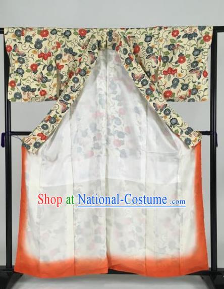 Japan Traditional Kimonos Geisha Printing Yellow Furisode Kimono Ancient Yukata Dress Formal Costume for Women