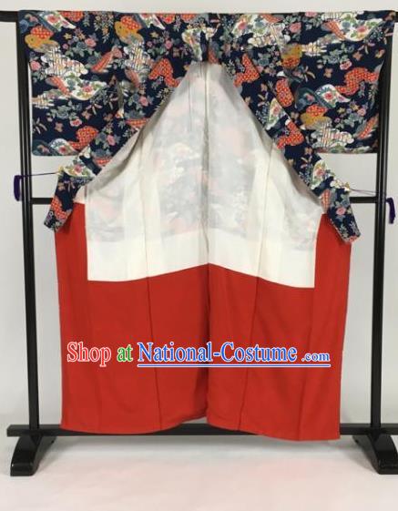 Japanese Mikado Costume Ancient Palace Printing Navy Kimono Traditional Wafuku Hakama Yukata Robe for Men