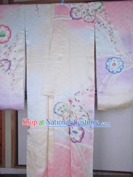 Ancient Japanese Geisha Pink Silk Furisode Kimonos Traditional Female Yukata Dress Formal Costume for Women