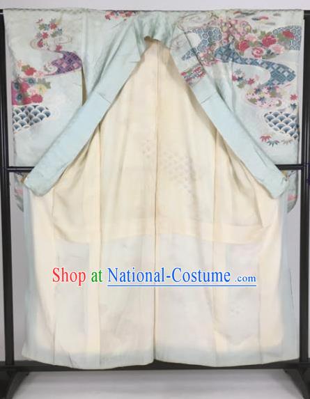 Ancient Japanese Geisha Printing Furisode Kimonos Traditional Female Blue Yukata Dress Formal Costume for Women