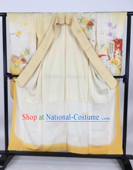 Ancient Japanese Geisha Printing Flowers Furisode Kimonos Traditional Female Yellow Yukata Dress Formal Costume for Women