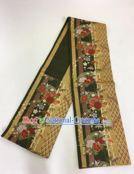 Japanese Traditional Kimono Yukata Dress Black and Golden Belts Courtesan Brocade Waistband for Women