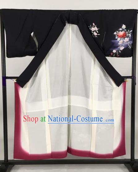 Japan Traditional Printing Kimonos Black Furisode Kimono Ancient Yukata Dress Formal Costume for Women