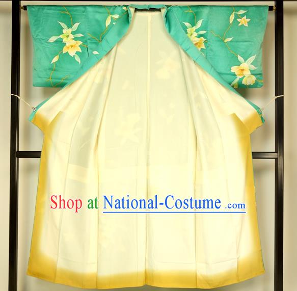 Ancient Japanese Green Furisode Kimonos Traditional Female Yukata Dress Formal Costume for Women