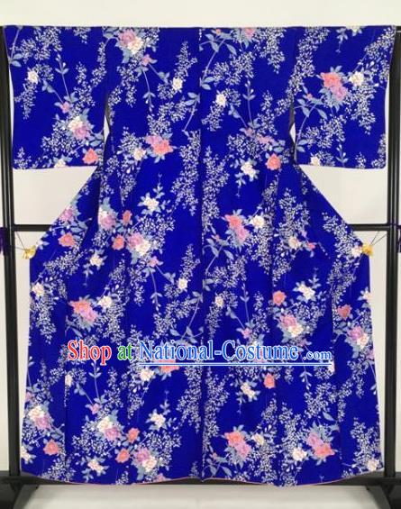 Japan Traditional Kimonos Printing Flowers Blue Furisode Kimono Ancient Yukata Dress Formal Costume for Women