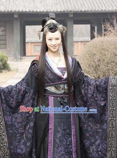 Chinese Ancient Warring States Period Imperial Concubine Hanfu Embroidered Costume and Headpiece Complete Set