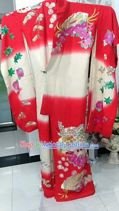 Ancient Japanese Geisha Red Furisode Kimonos Traditional Wedding Yukata Dress Formal Costume for Women