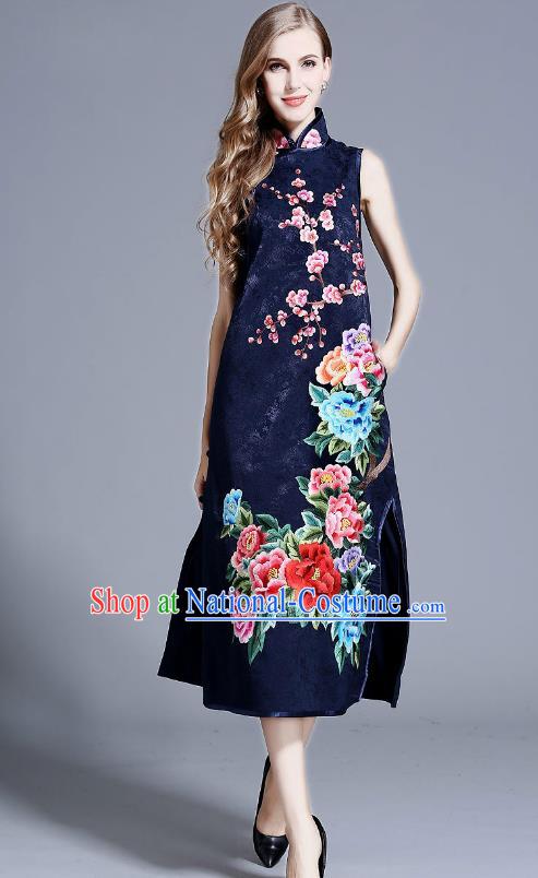 Chinese National Costume Navy Cheongsam Embroidered Peony Qipao Dress for Women