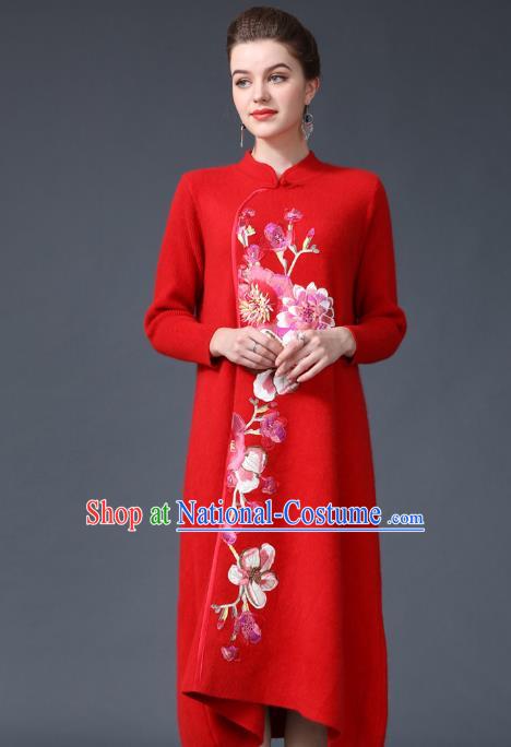 Chinese National Costume Embroidered Peony Red Cheongsam Qipao Dress for Women