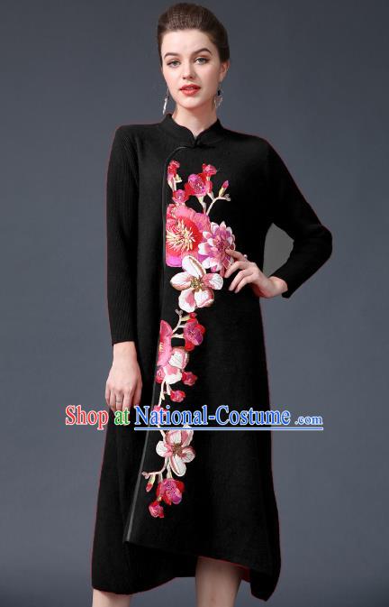 Chinese National Costume Embroidered Peony Black Cheongsam Qipao Dress for Women