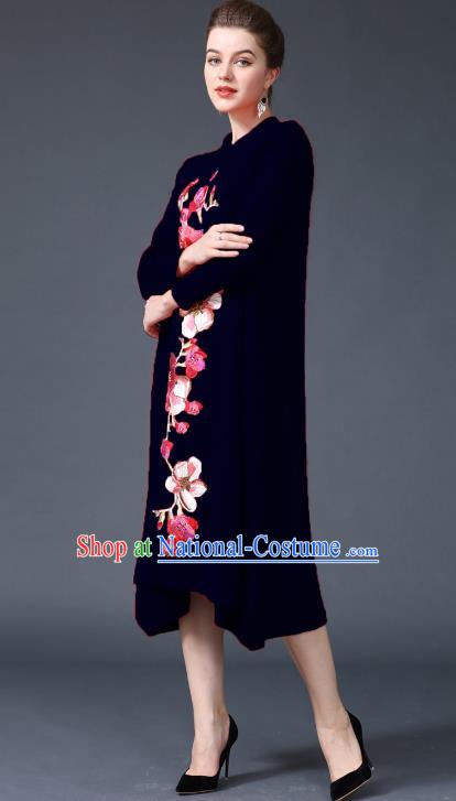 Chinese National Costume Embroidered Peony Navy Cheongsam Qipao Dress for Women