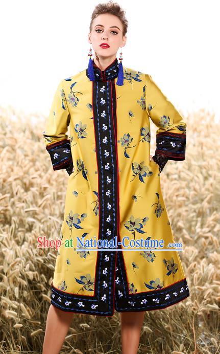 Chinese National Costume Traditional Embroidered Yellow Dust Coats for Women