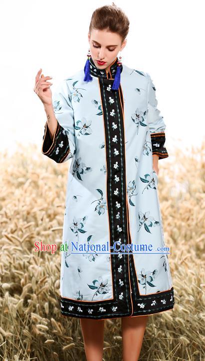 Chinese National Costume Traditional Embroidered Blue Dust Coats for Women