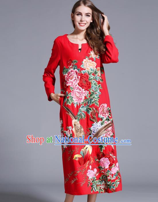 Chinese National Costume Orphrey Embroidered Red Cheongsam Qipao Dress for Women